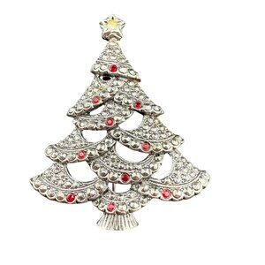 Vintage Rhinestone Christmas Tree Pin Brooch Silver-Tone Metal Red & Clear Stone